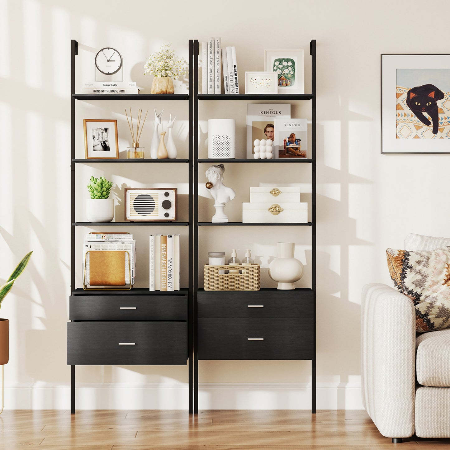 6-Tier Ladder Bookcase, 2 Drawers, Metal Frame, Black Bookcases at Gallery Canada