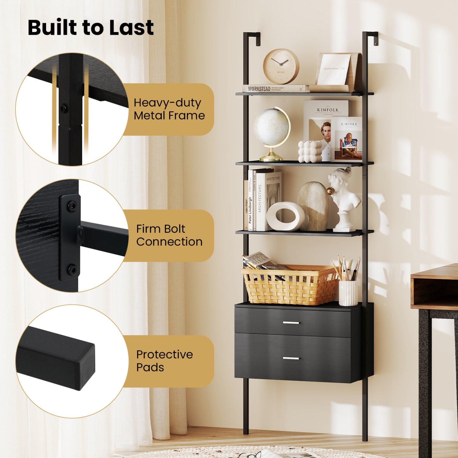6-Tier Ladder Bookcase, 2 Drawers, Metal Frame, Black Bookcases at Gallery Canada