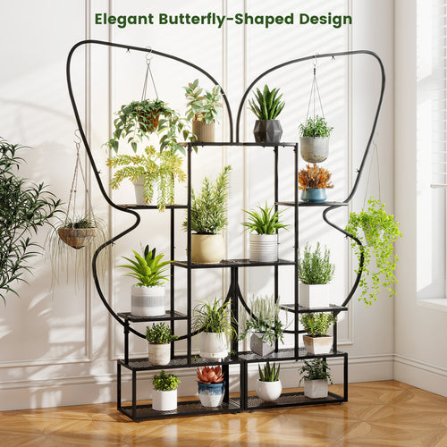 6-Tier Metal Plant Stand Ladder, Display Rack With Hanging Hooks, Black