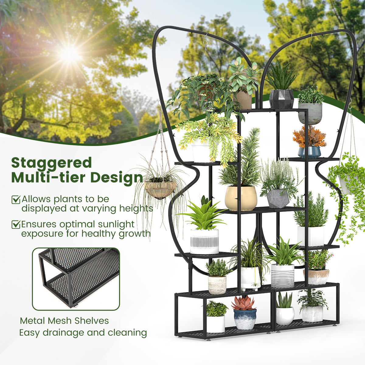 6-Tier Metal Plant Stand Ladder, Display Rack With Hanging Hooks, Black Plant Stands at Gallery Canada