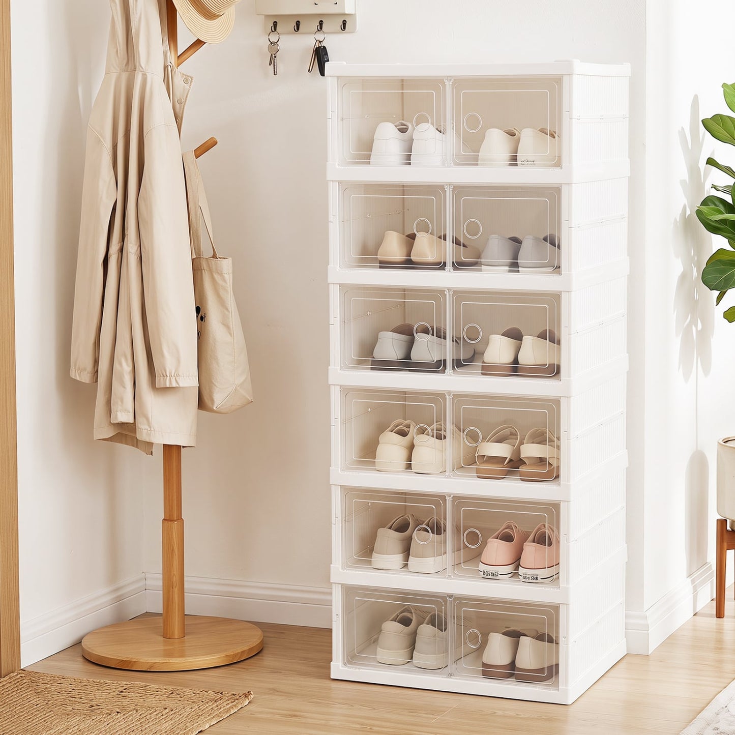 6-Tier Shoe Organizer with Clear Doors, White