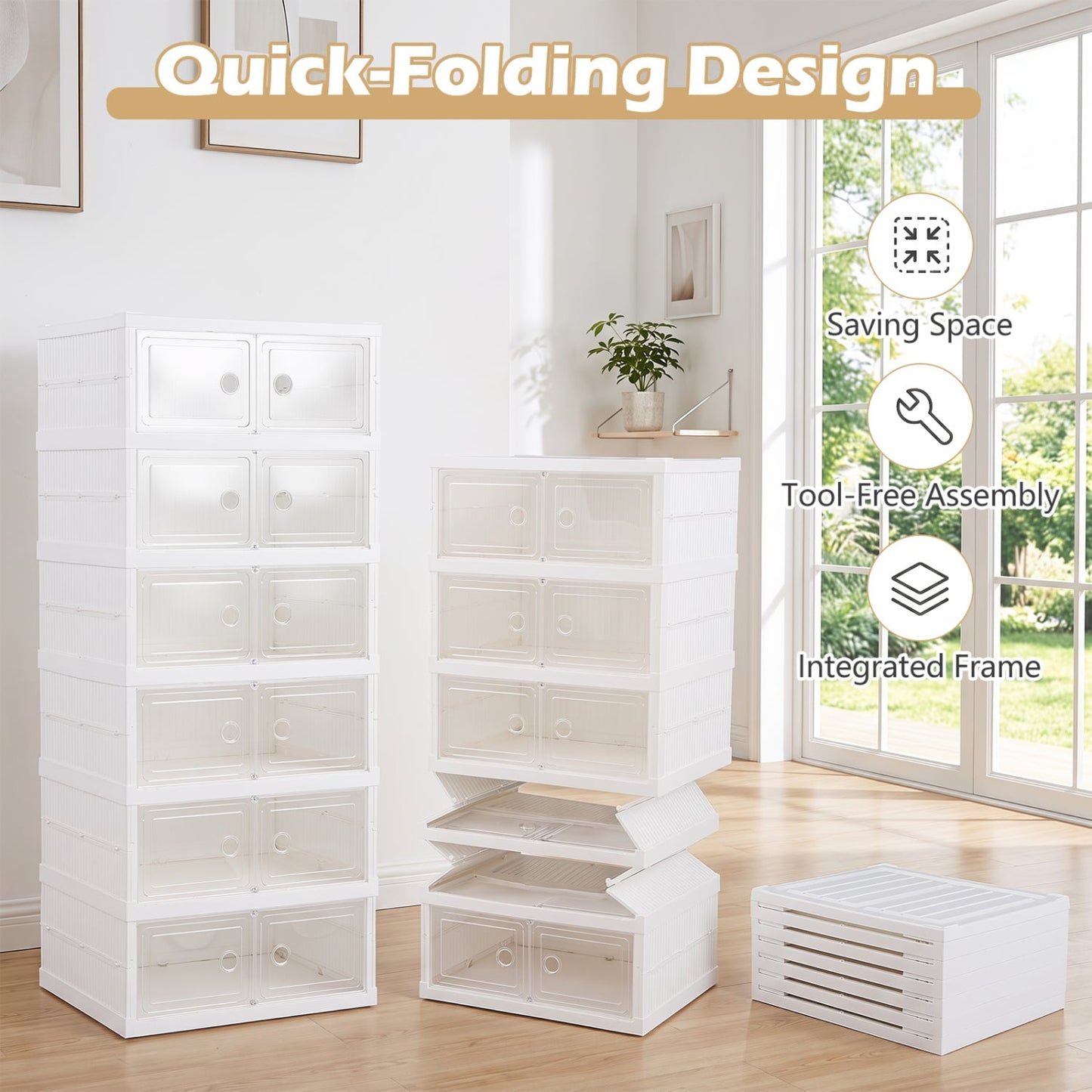 6-Tier Shoe Organizer with Clear Doors, White