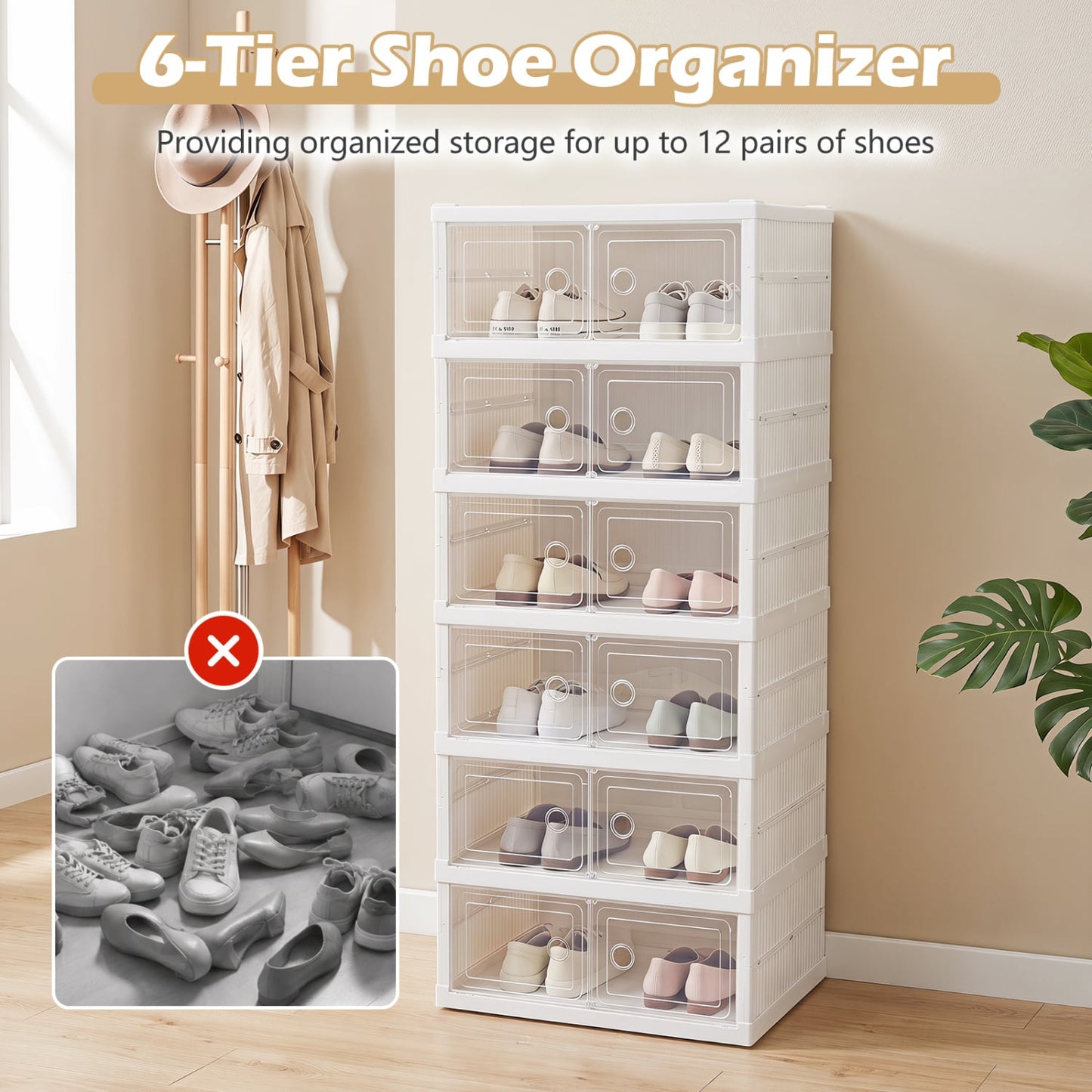 6-Tier Shoe Organizer with Clear Doors, White