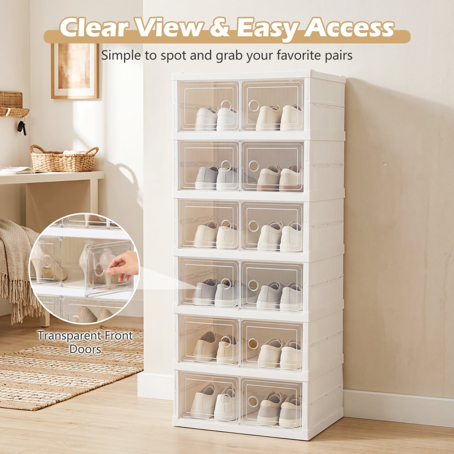 6-Tier Shoe Organizer with Clear Doors, White