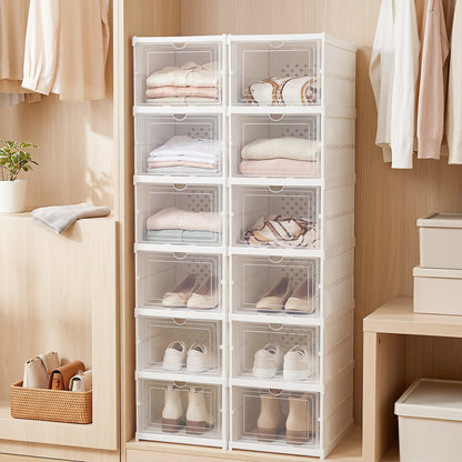 6-Tier Shoe Organizer Set of 2, Clear Doors, Portable, White