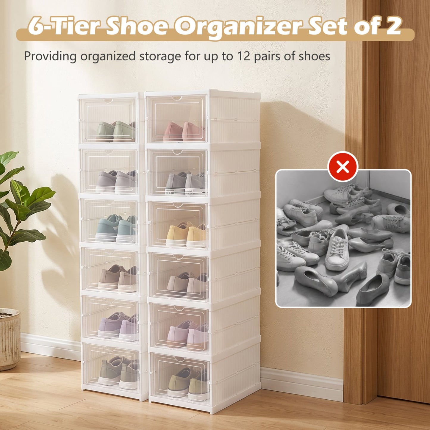 6-Tier Shoe Organizer Set of 2, Clear Doors, Portable, White
