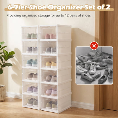 6-Tier Shoe Organizer Set of 2, Clear Doors, Portable, White