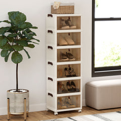 6-Tier Stackable Shoe Box, Lid Doors, Lockable Wheels, White Shoe Racks & Storage Benches White at Gallery Canada