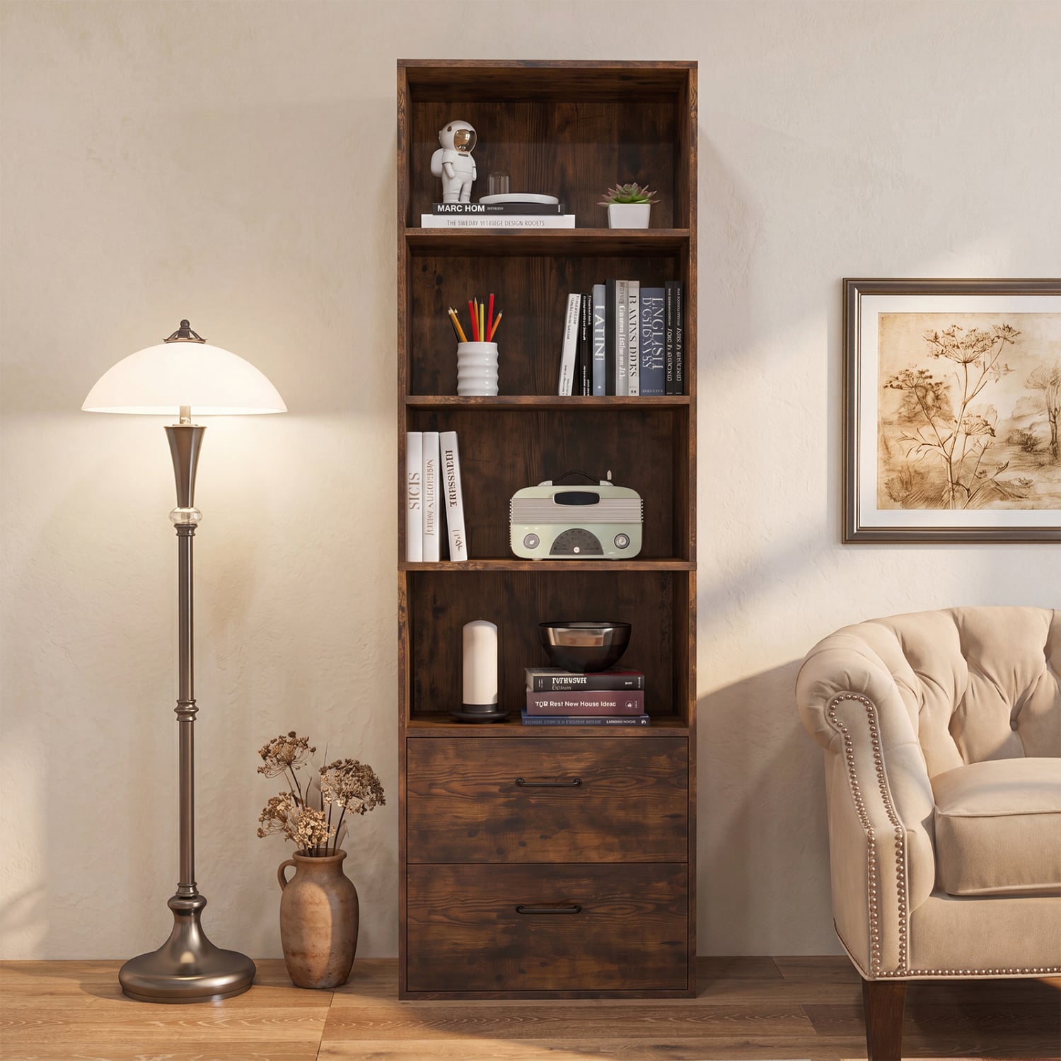 6-Tier Tall Bookshelf With 4 Open Shelves, 2 Drawers, Rustic Brown Bookcases at Gallery Canada