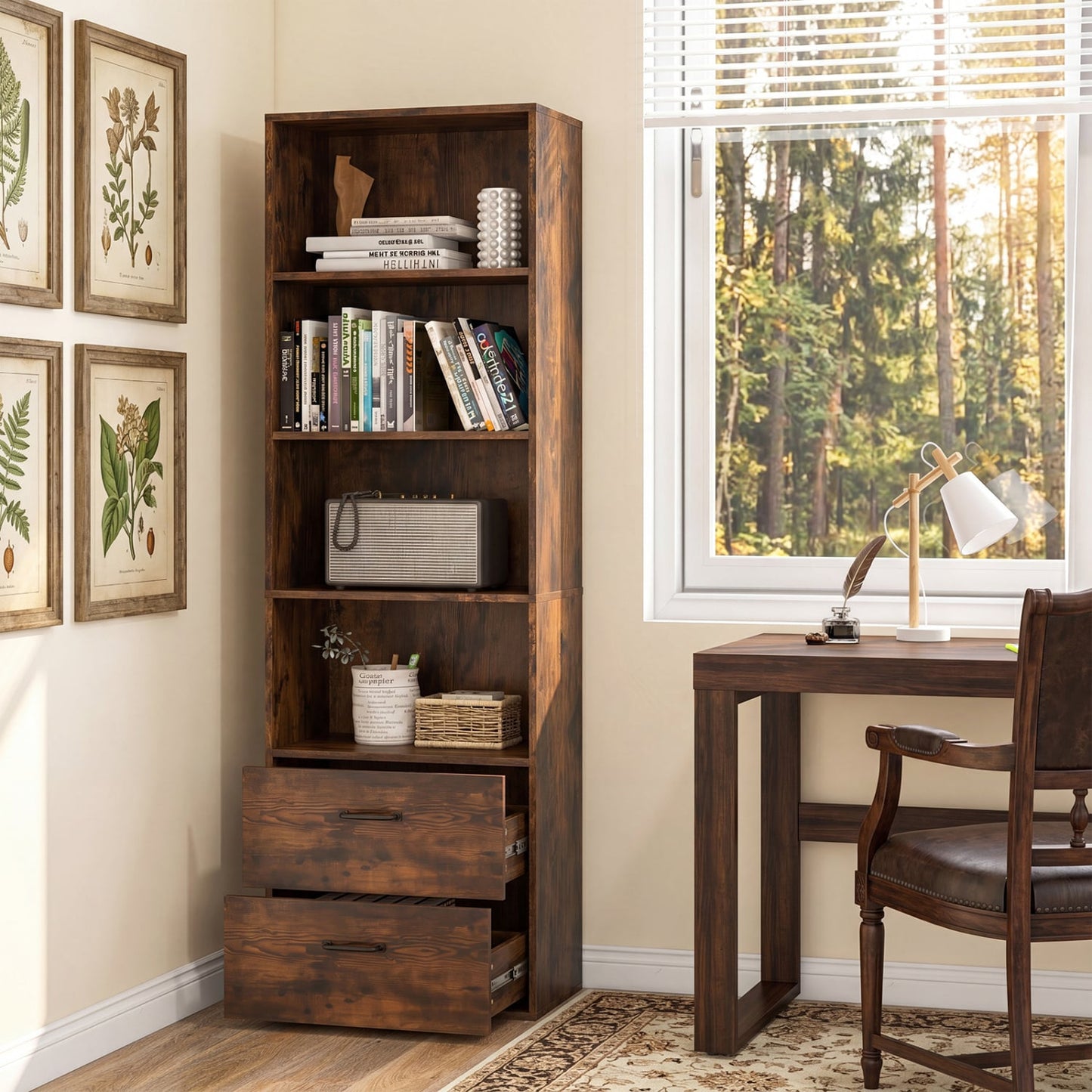 6-Tier Tall Bookshelf With 4 Open Shelves, 2 Drawers, Rustic Brown Bookcases at Gallery Canada
