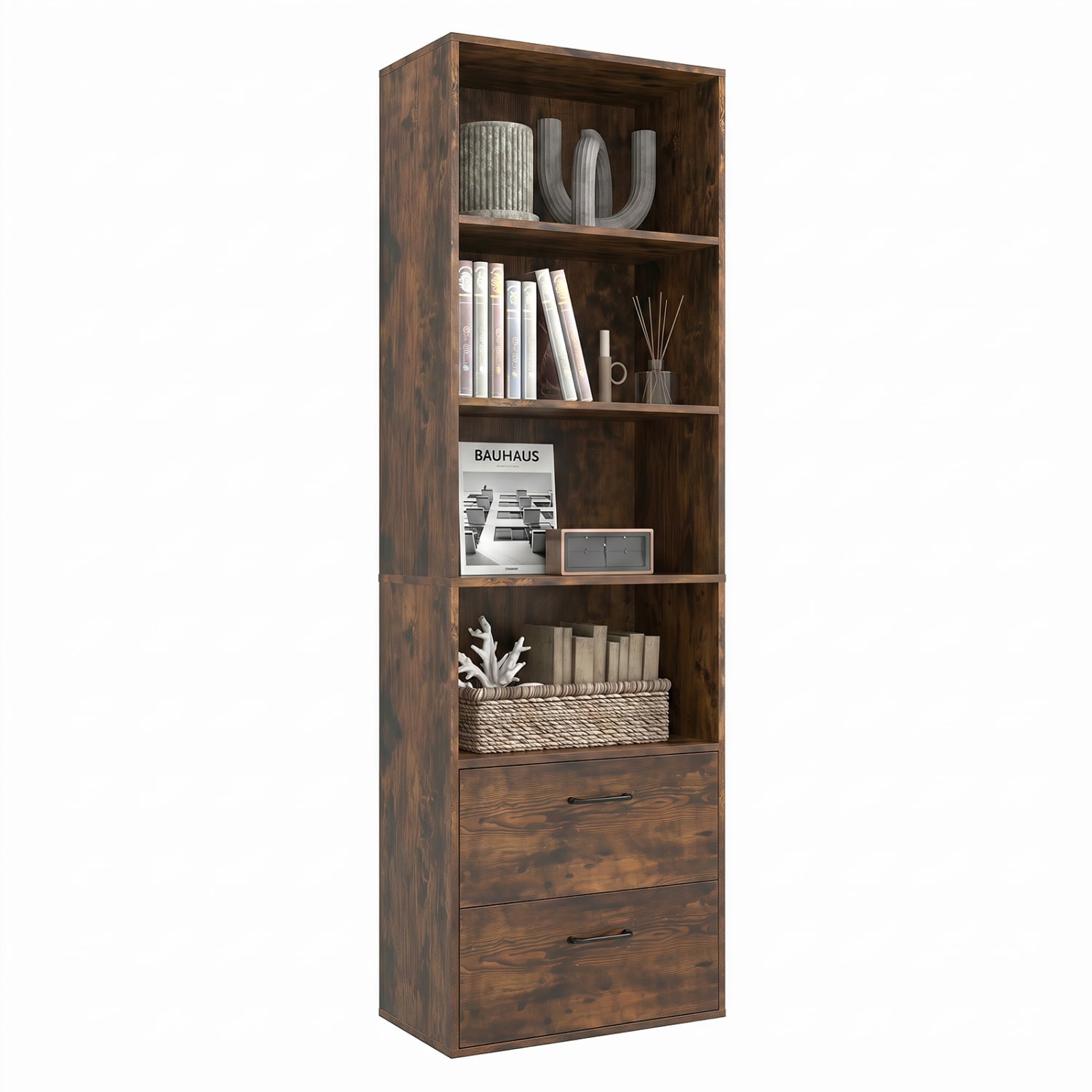 6-Tier Tall Bookshelf With 4 Open Shelves, 2 Drawers, Rustic Brown Bookcases Rustic Brown at Gallery Canada