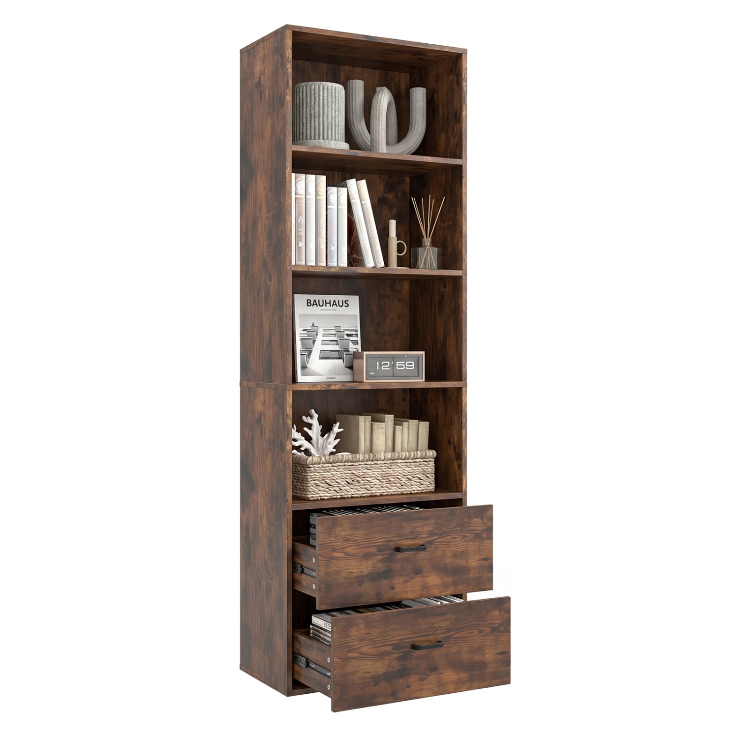 6-Tier Tall Bookshelf With 4 Open Shelves, 2 Drawers, Rustic Brown Bookcases at Gallery Canada