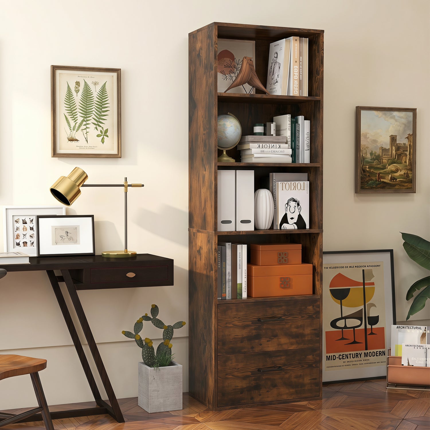 6-Tier Tall Bookshelf With 4 Open Shelves, 2 Drawers, Rustic Brown Bookcases at Gallery Canada