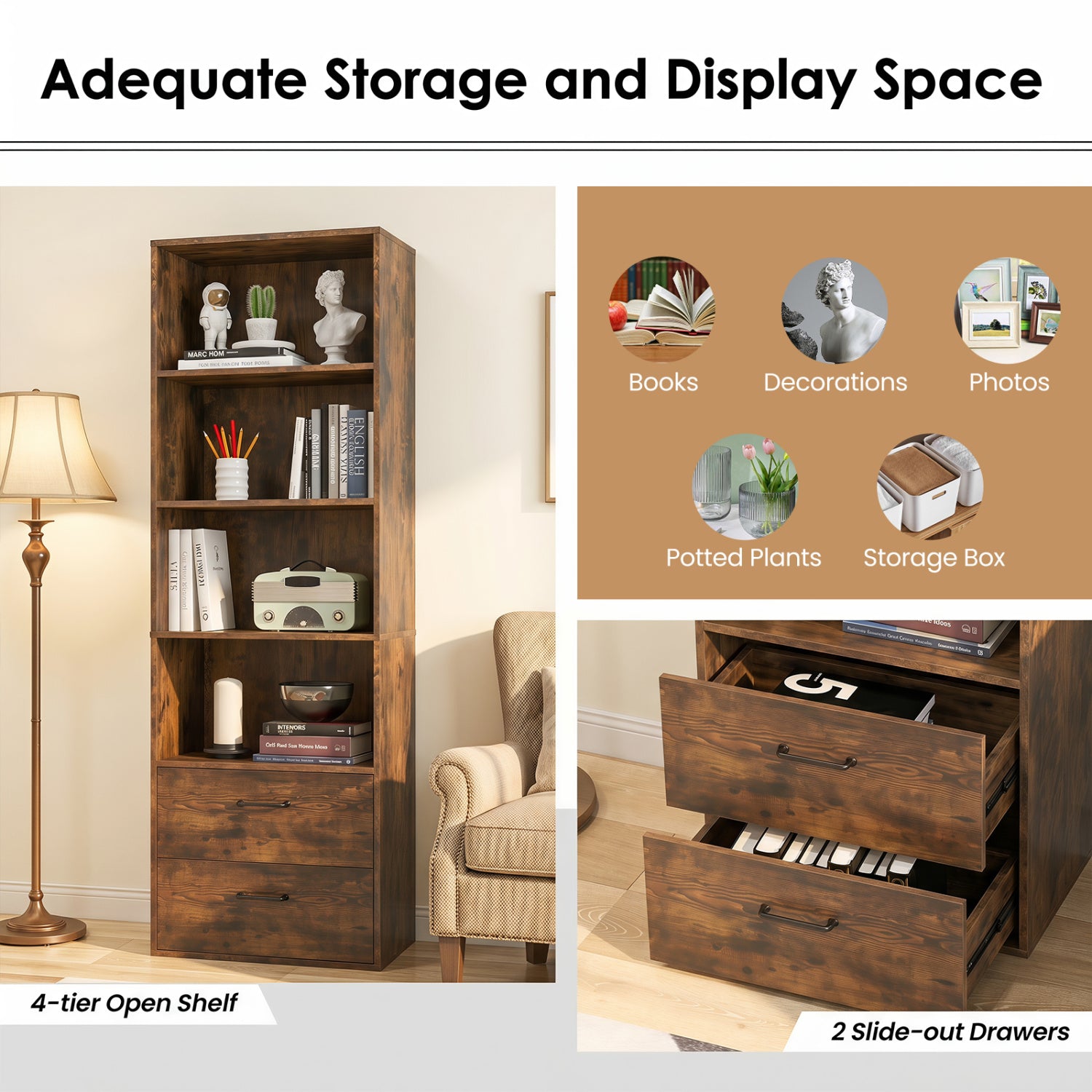 6-Tier Tall Bookshelf With 4 Open Shelves, 2 Drawers, Rustic Brown Bookcases at Gallery Canada