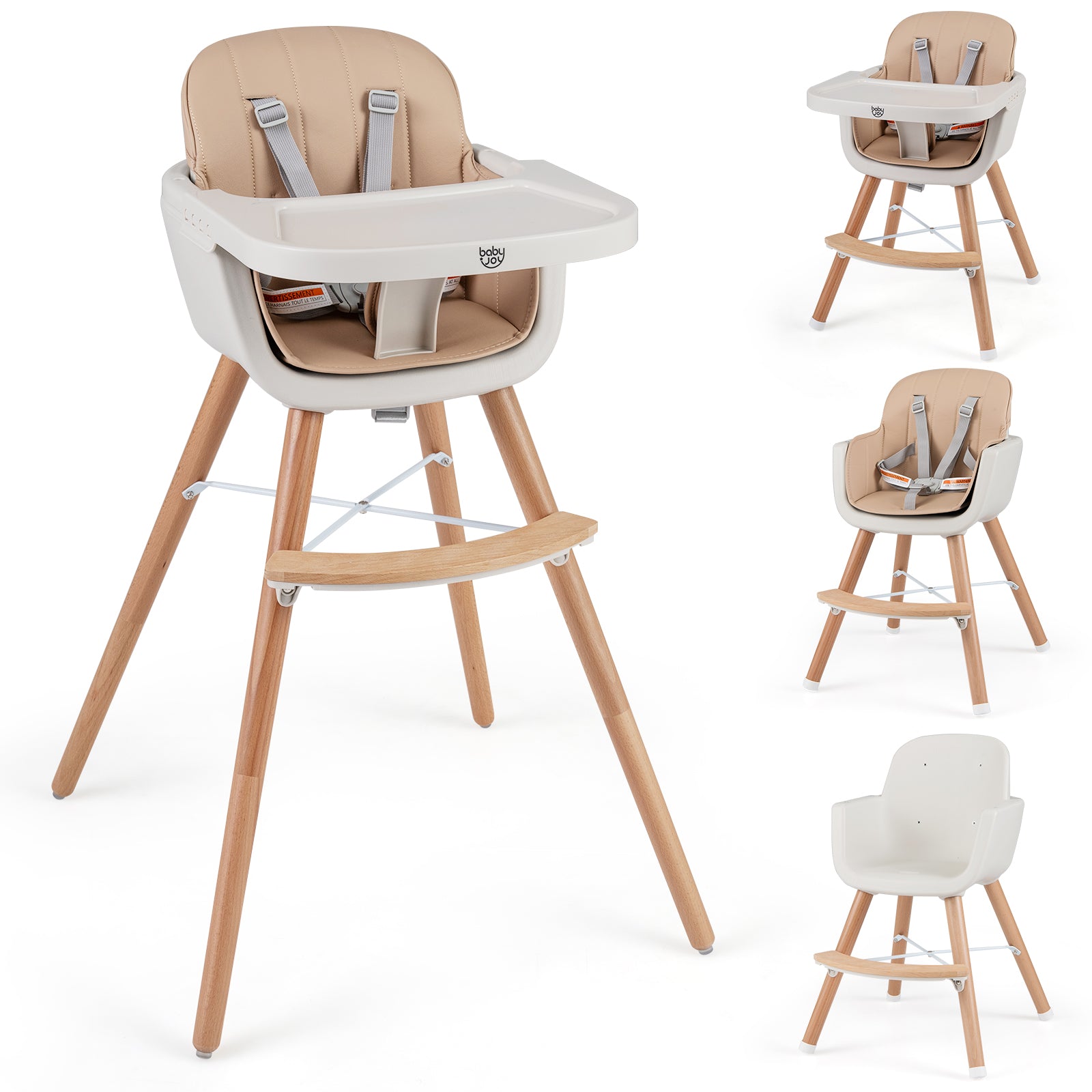 6-in-1 Convertible Wooden Highchair with Safety Harness and Adjustable Legs, Light Brown High Chairs at Gallery Canada