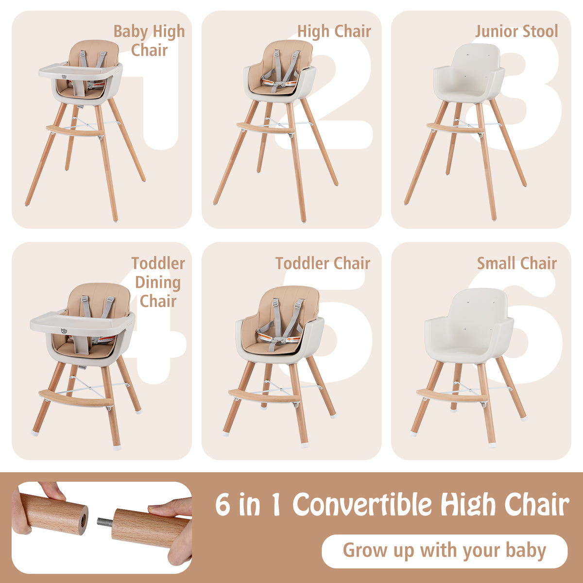 6-in-1 Convertible Wooden Highchair with Safety Harness and Adjustable Legs, Light Brown High Chairs at Gallery Canada