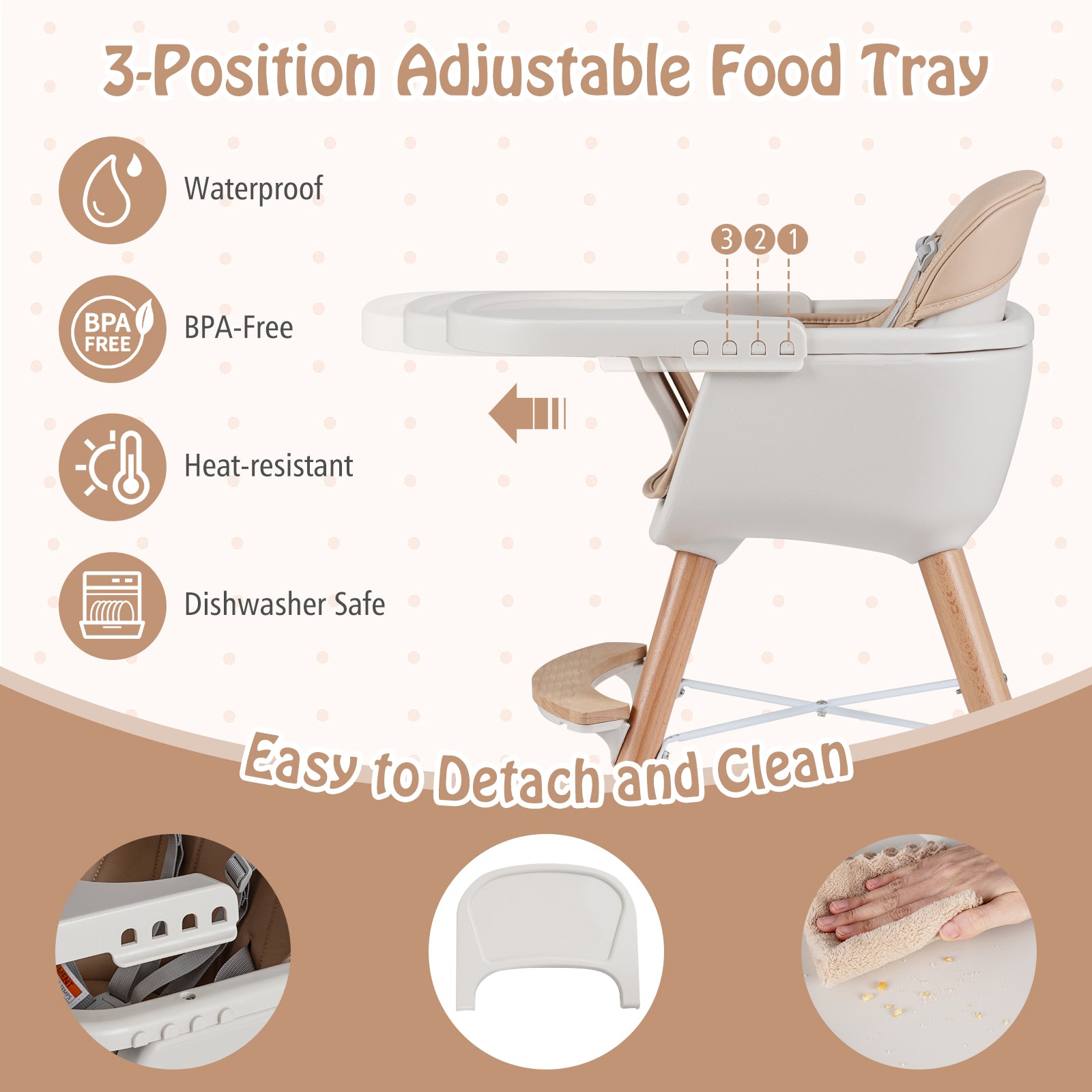 6-in-1 Convertible Wooden Highchair with Safety Harness and Adjustable Legs, Light Brown High Chairs at Gallery Canada