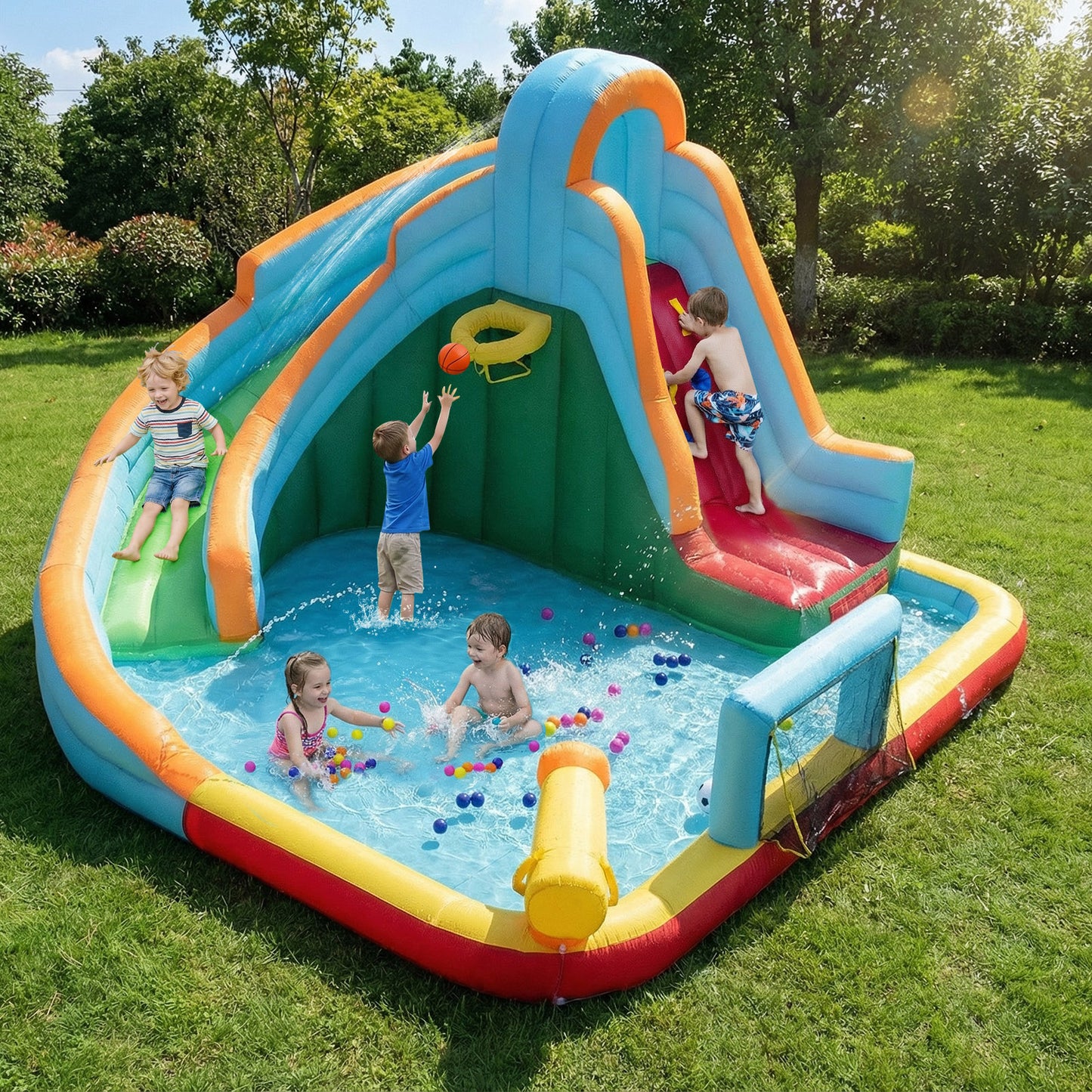 6-in-1 Inflatable Water Slide Park, 750W Blower, Multicolor Inflatable Water Slides at Gallery Canada