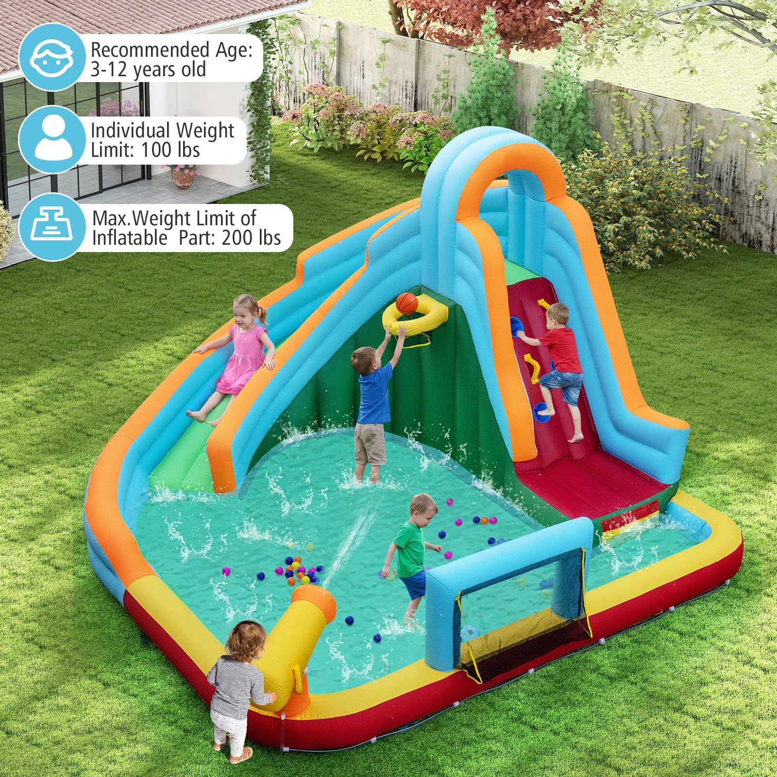 6-in-1 Inflatable Water Slide Park, 750W Blower, Multicolor Inflatable Water Slides at Gallery Canada