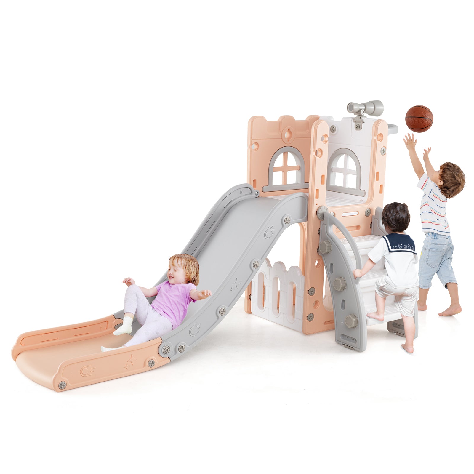 6-in-1 Toddler Slide, L-Shaped Playground, Basketball Hoop, Pink Climbers & Slides at Gallery Canada