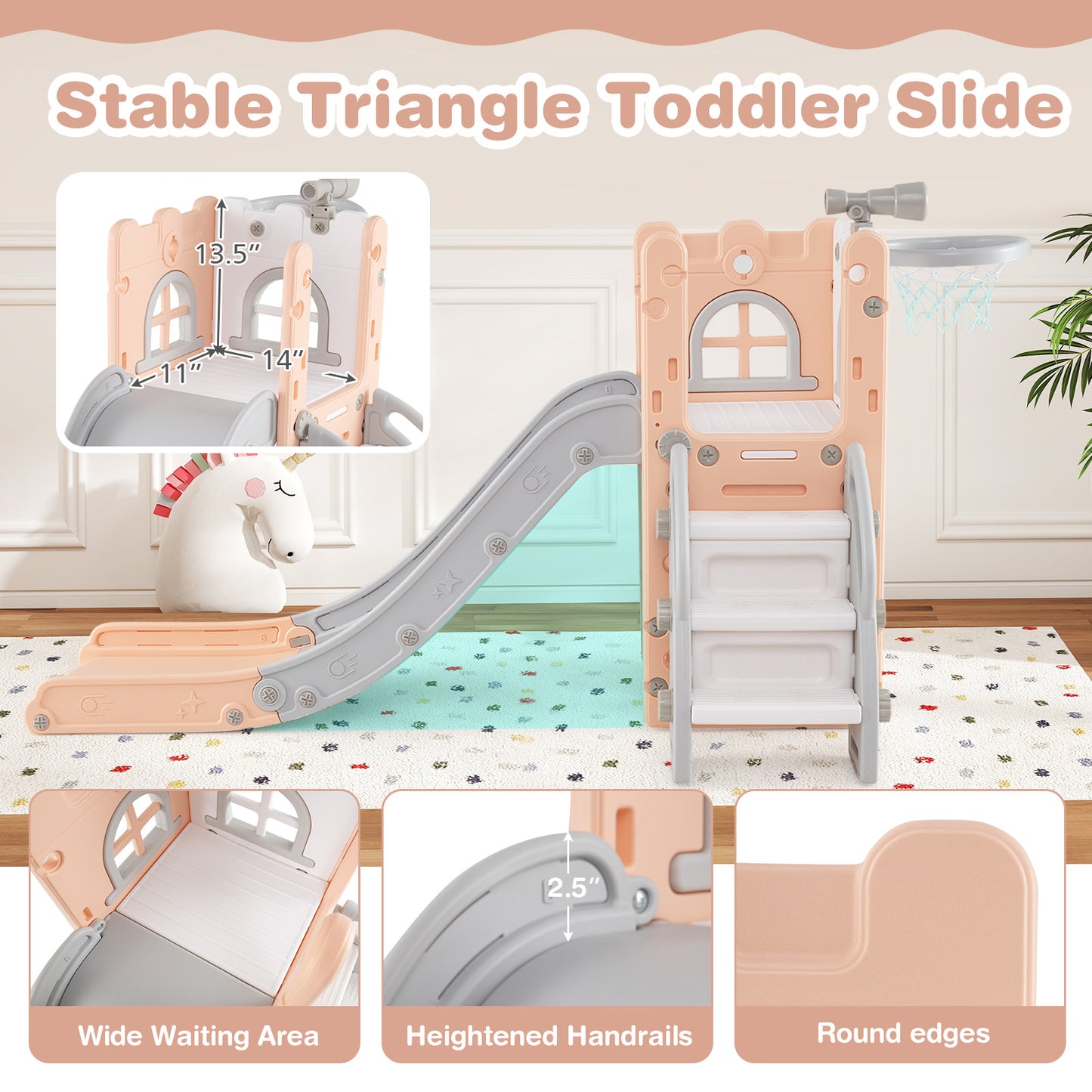 6-in-1 Toddler Slide, L-Shaped Playground, Basketball Hoop, Pink Climbers & Slides at Gallery Canada