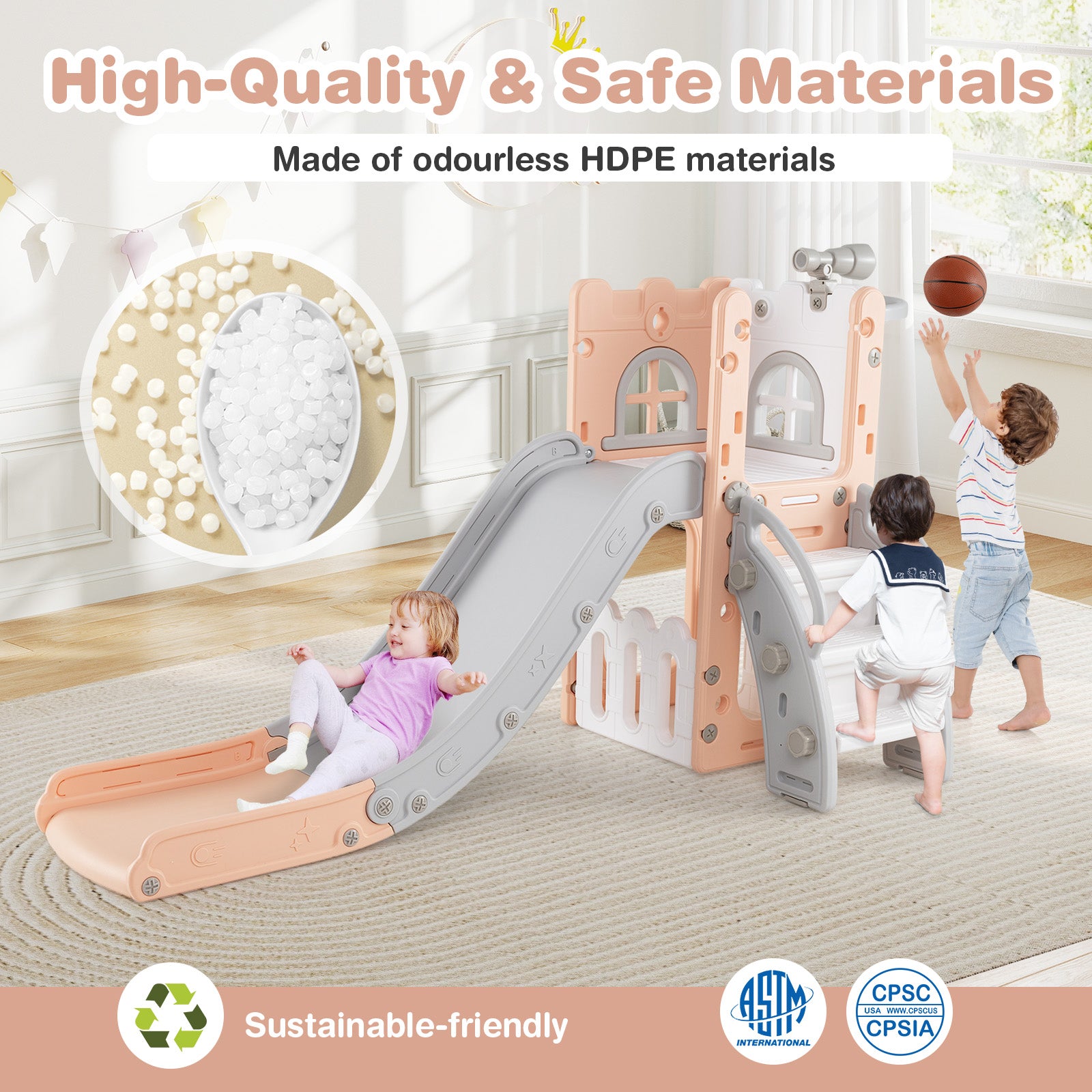 6-in-1 Toddler Slide, L-Shaped Playground, Basketball Hoop, Pink Climbers & Slides at Gallery Canada