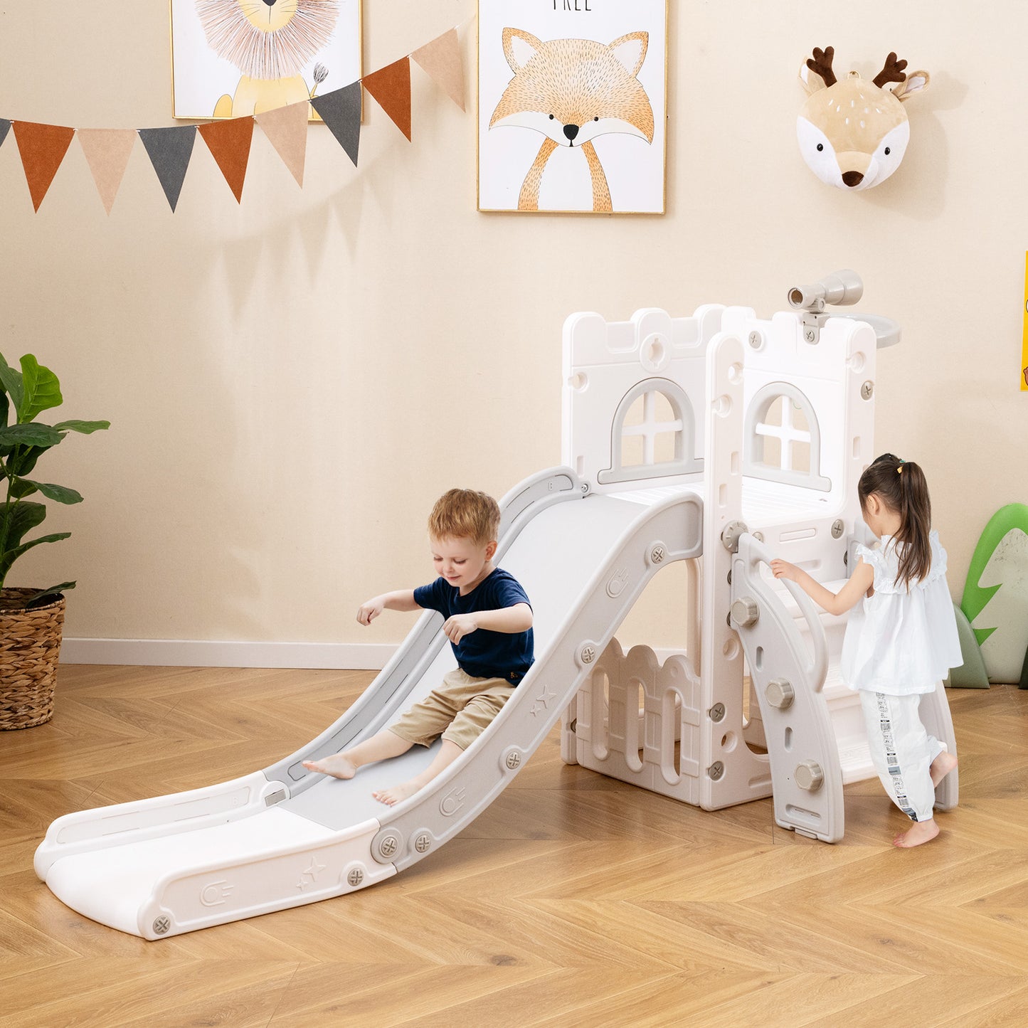 6-in-1 Toddler Slide Playground With Basketball Hoop, Ladder, Gray Climbers & Slides at Gallery Canada
