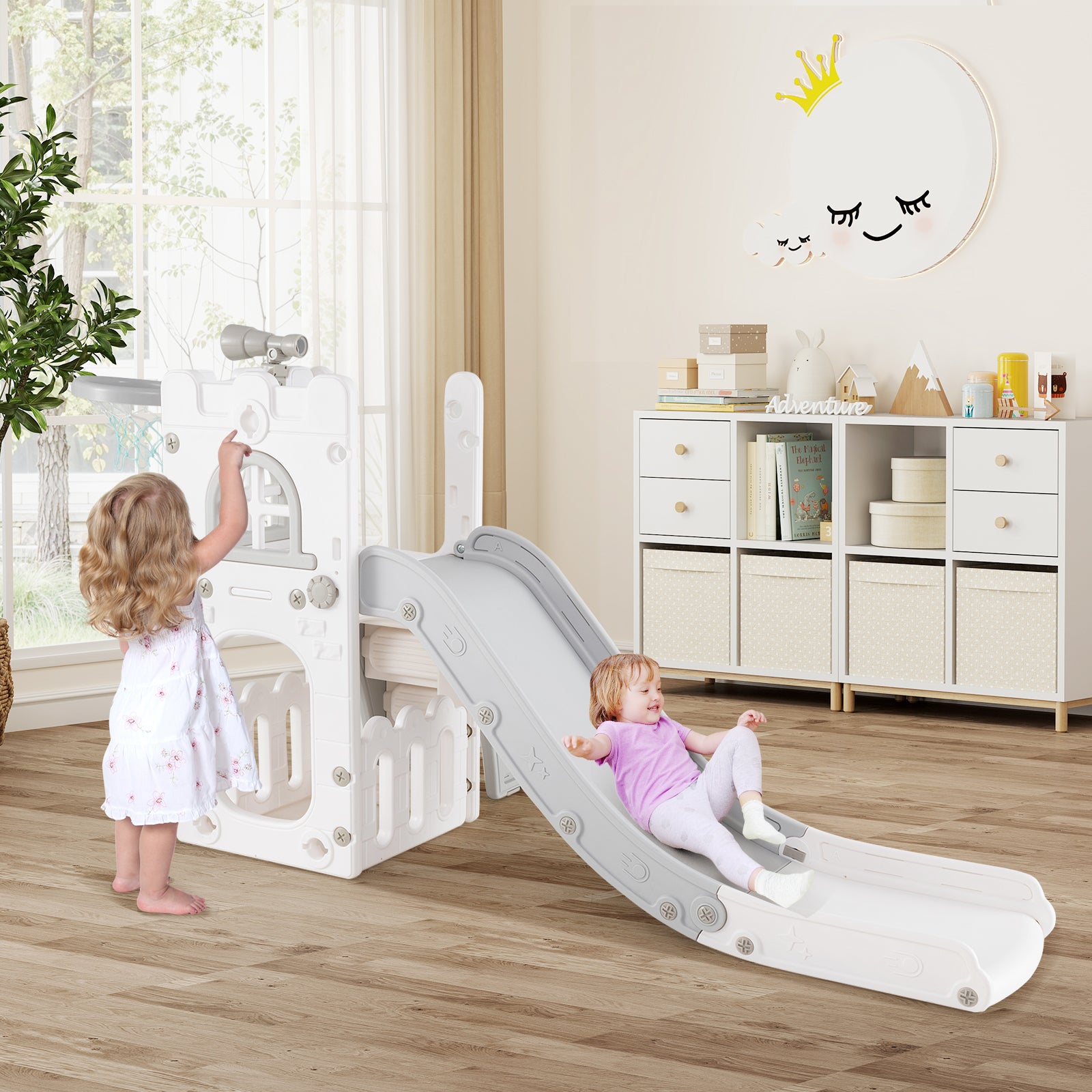 6-in-1 Toddler Slide Playground With Basketball Hoop, Ladder, Gray Climbers & Slides at Gallery Canada