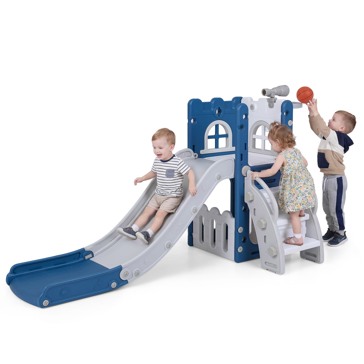 6-In-1 Toddler Slide, L-Shaped Playground With Basketball Hoop, Blue Climbers & Slides at Gallery Canada