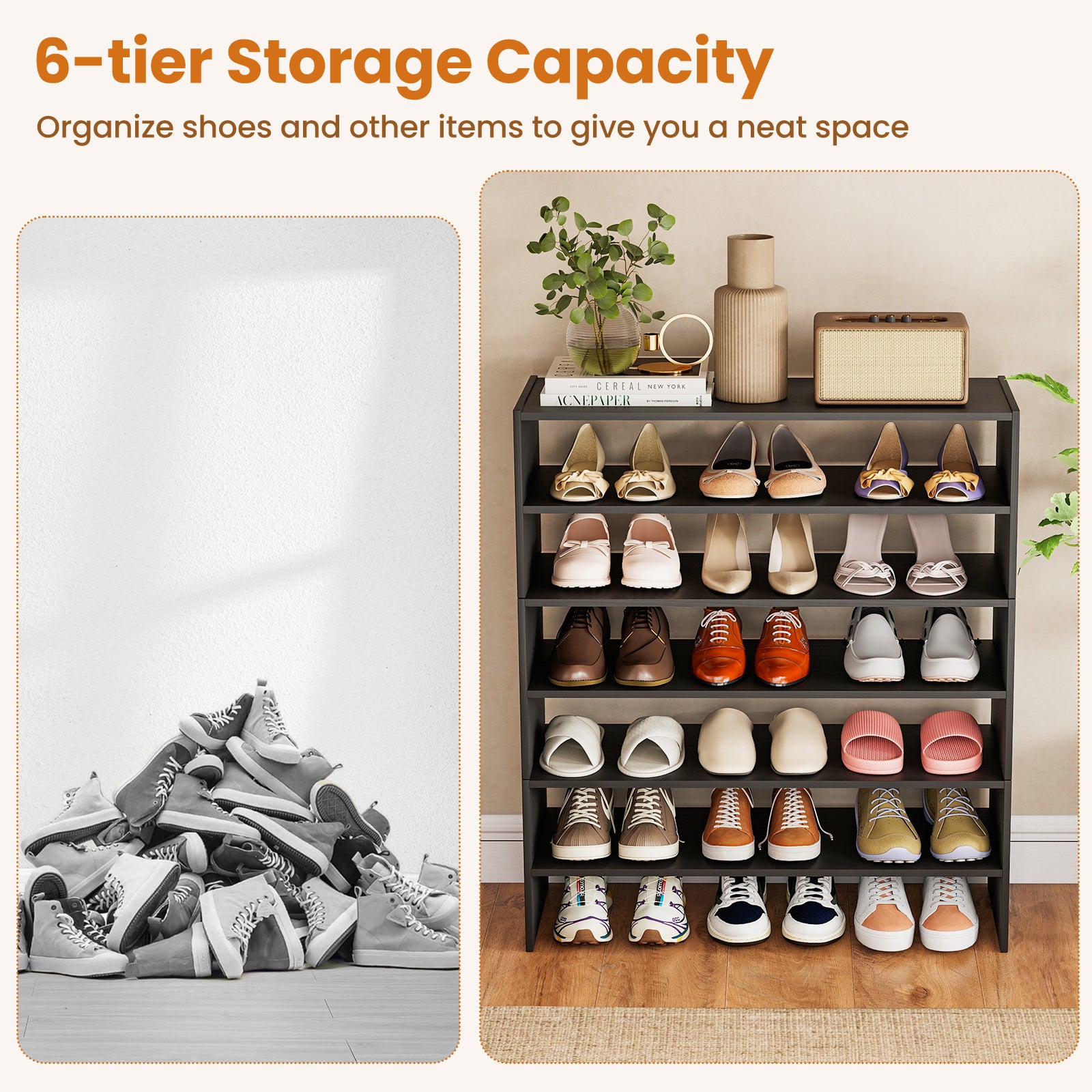 6-Tier Shoe Rack With Anti-Tipping Device, Black Shoe Racks & Storage Benches at Gallery Canada