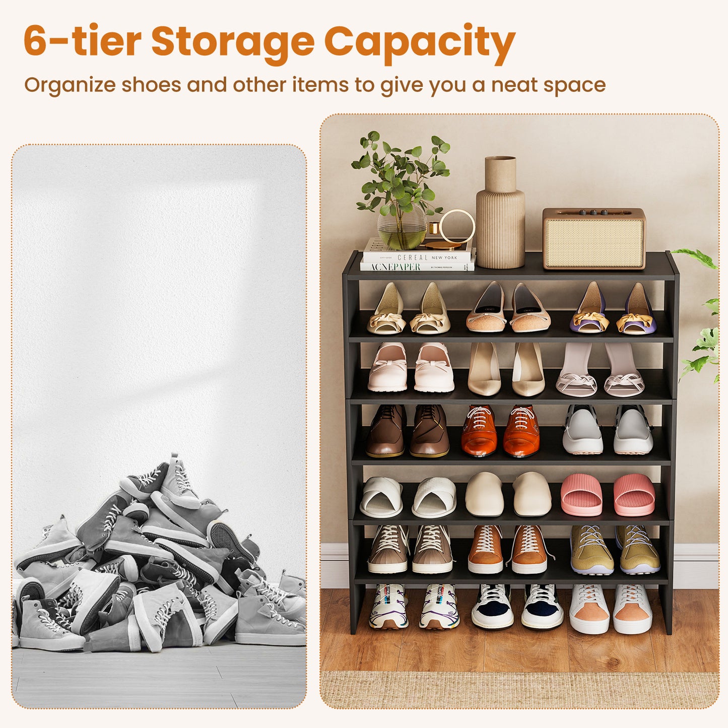 6-Tier Shoe Rack With Anti-Tipping Device, Black Shoe Racks & Storage Benches at Gallery Canada