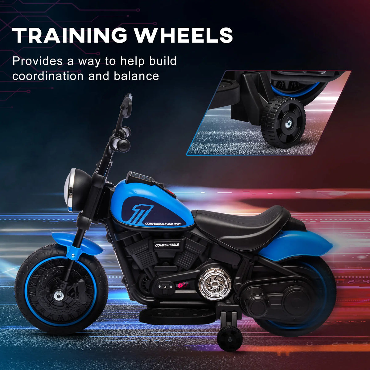 6V Kids Motorcycle, Training Wheels, Foot Pedal, Headlight, Music, Blue Electric Motorcycles at Gallery Canada