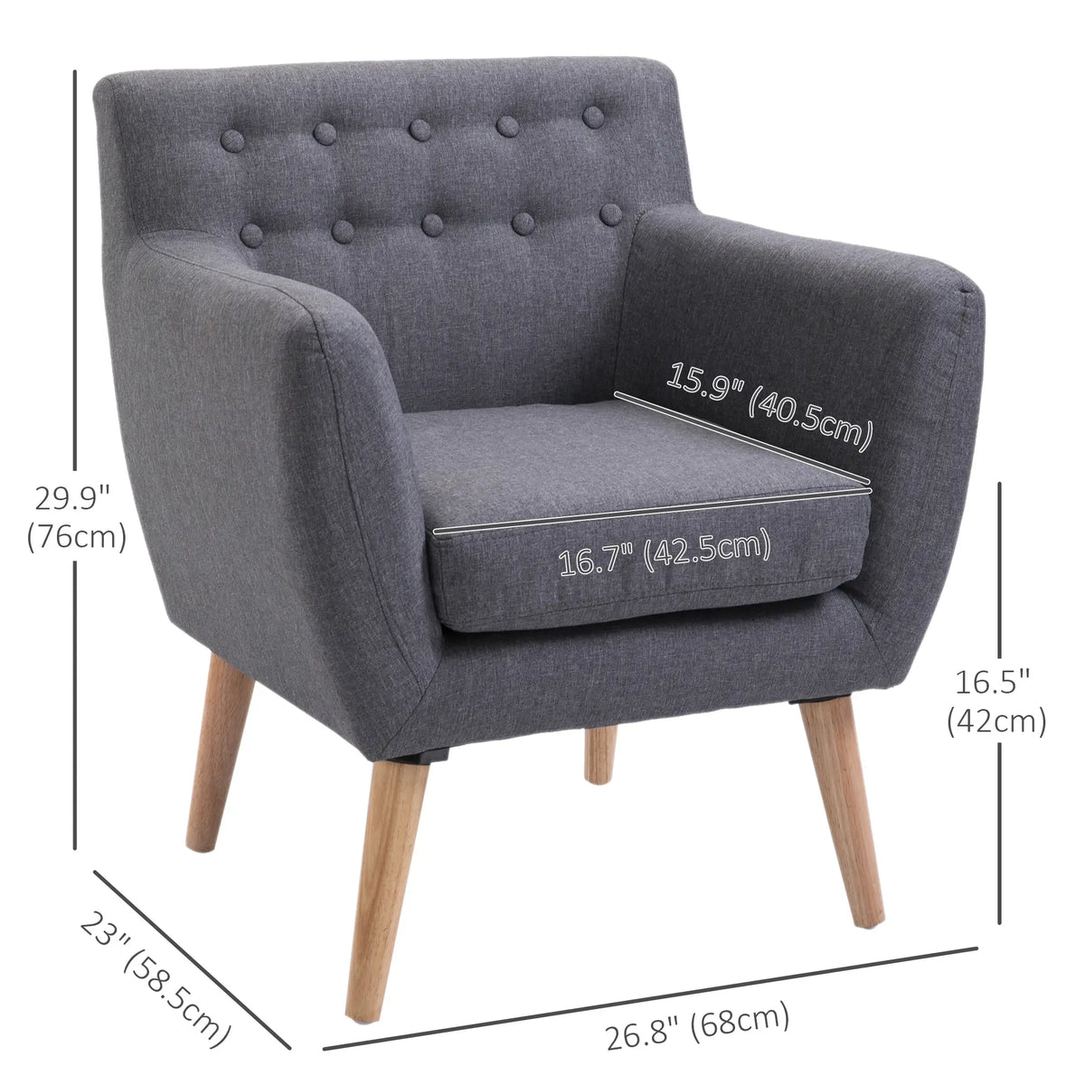 Mid-Century Modern Linen Armchair, Wood Frame, Thick Padding, Light Grey Accent Chairs at Gallery Canada