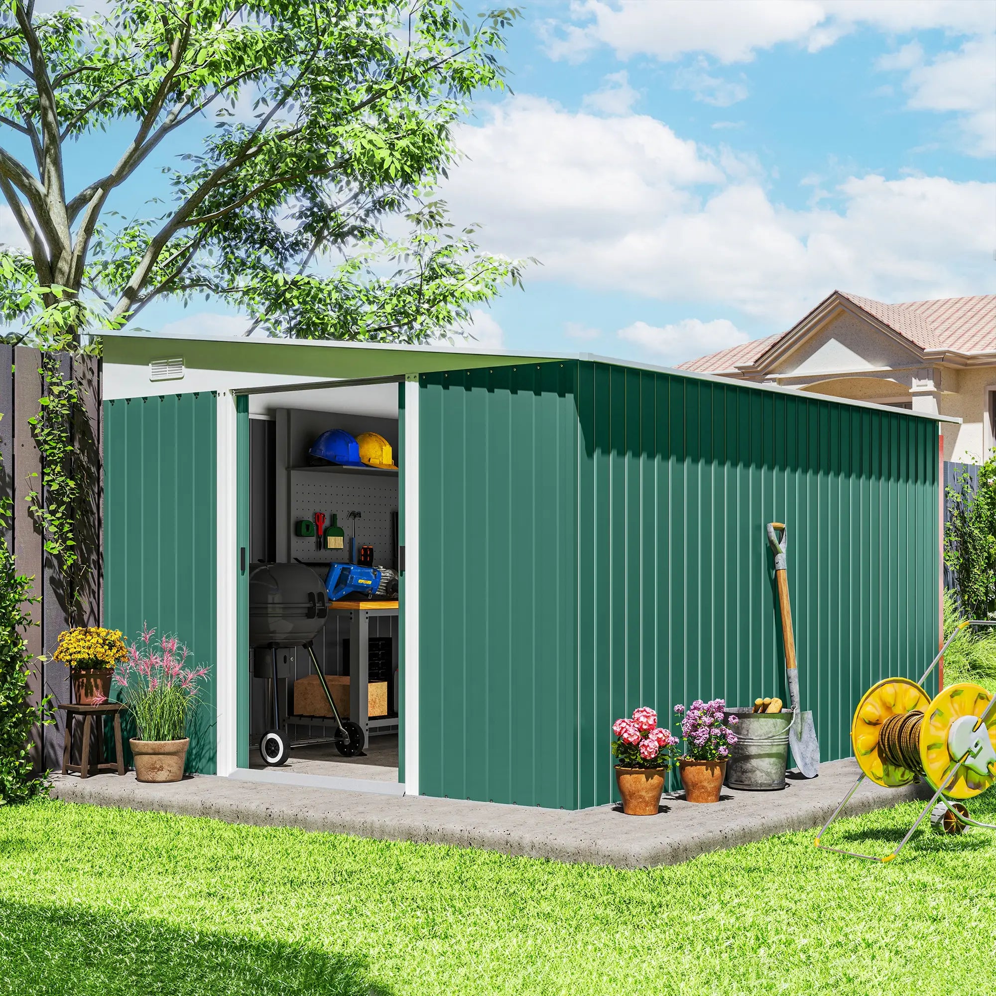 11' x 9' Steel Garden Storage Shed, Outdoor Metal Tool House, Green Sheds at Gallery Canada