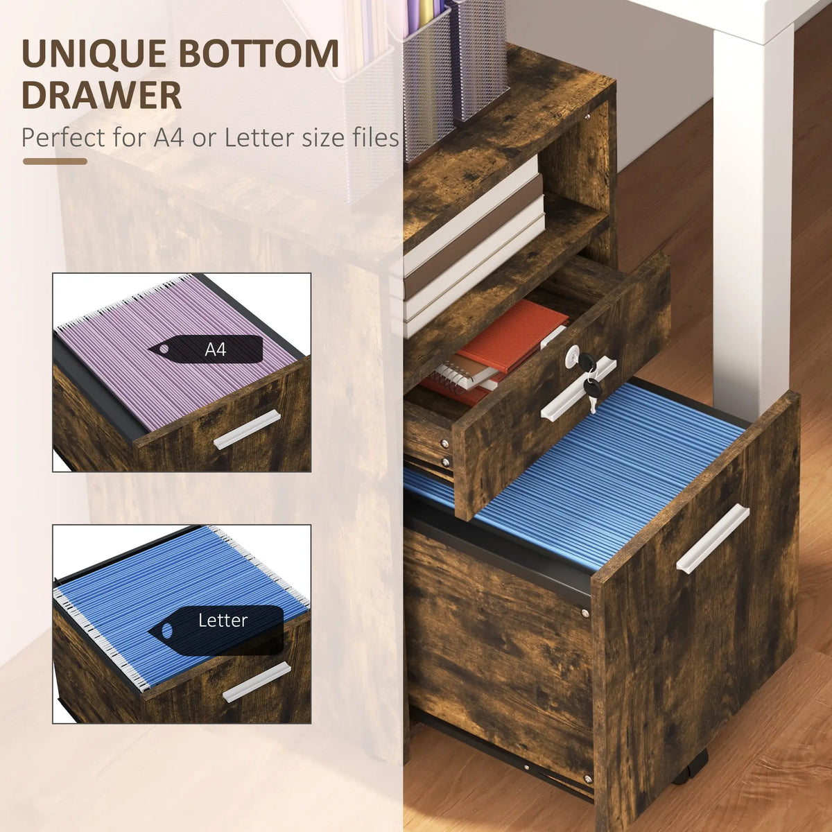 Small 2-Drawer Filing Cabinet, Lockable, on Wheels, Rustic Brown Office Cabinets & Cupboards at Gallery Canada