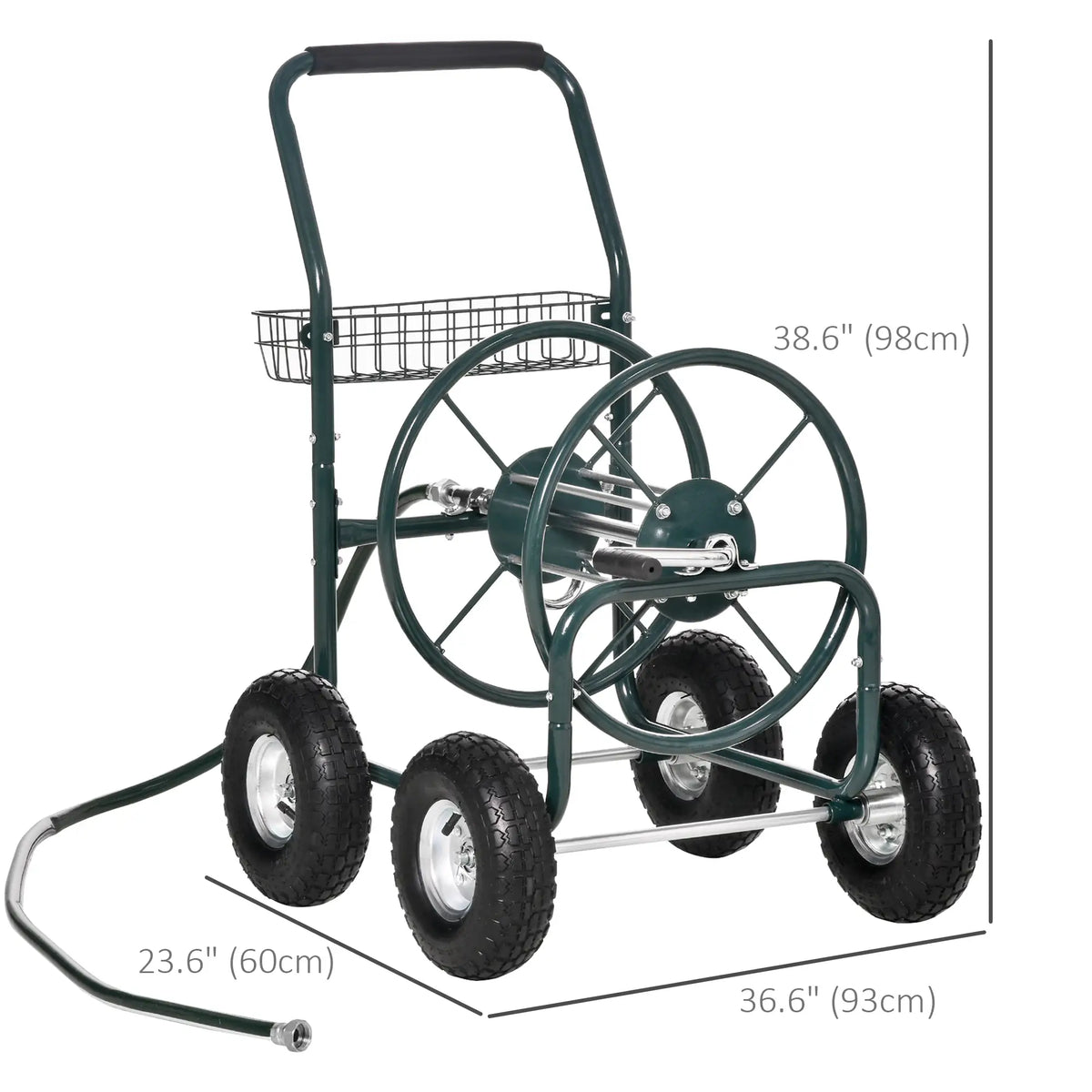 Portable Garden Hose Reel Cart With 4 Wheels, Storage Basket, Farm