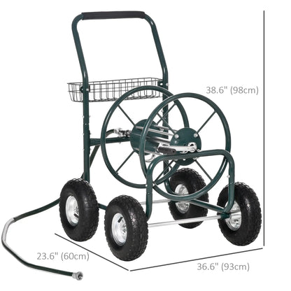 Portable Garden Hose Reel Cart With 4 Wheels, Storage Basket, Farm