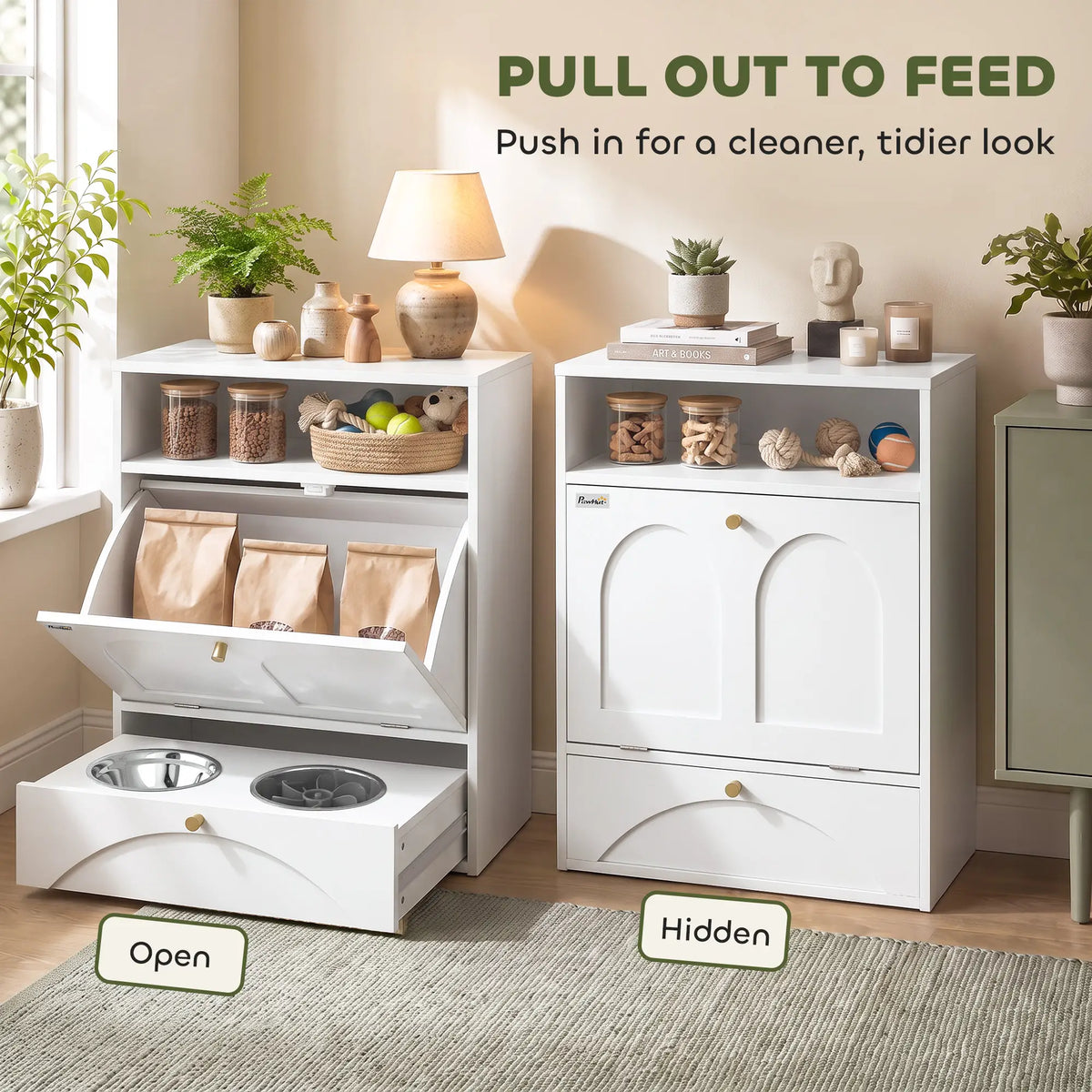 Dog Feeding Station, Food Storage Cabinet, 2 Elevated Bowls, White, White Dog Bowls at Gallery Canada