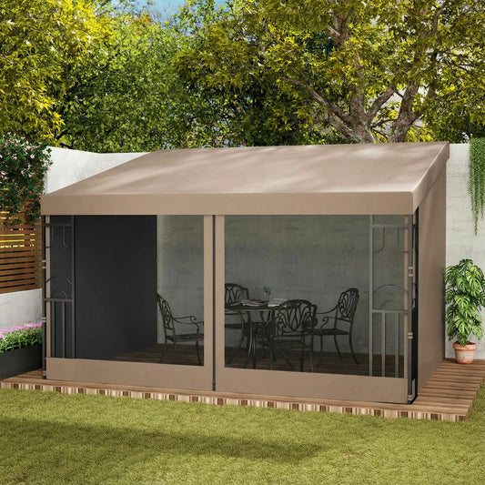 10' x 13' Wall Pergola, Outdoor Gazebo with Curtains, Nettings, Khaki Pergolas Khaki at Gallery Canada