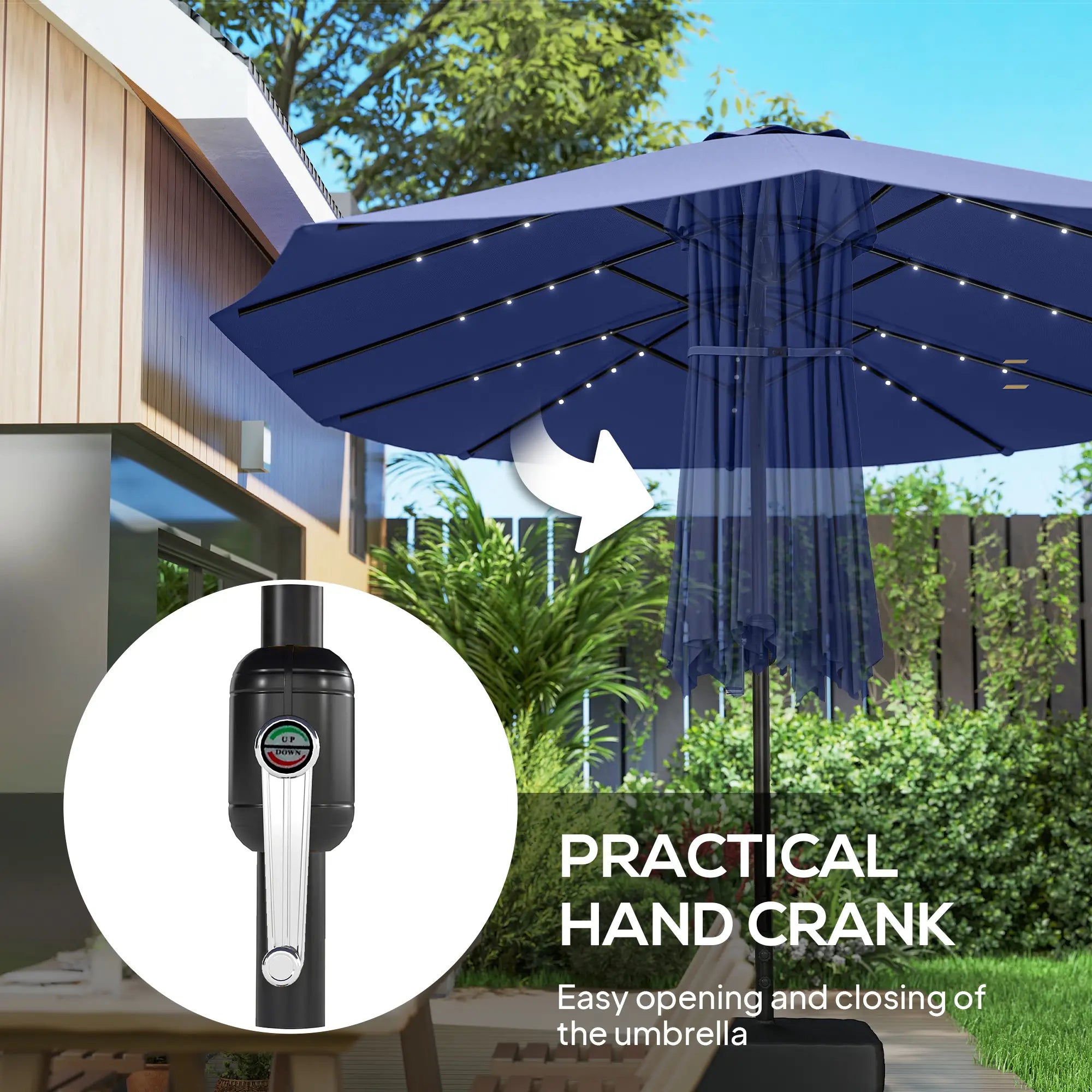 Double-Sided Patio Umbrella, 15ft, 48 LED Lights, Base Included, Dark Blue Double-sided Umbrellas at Gallery Canada