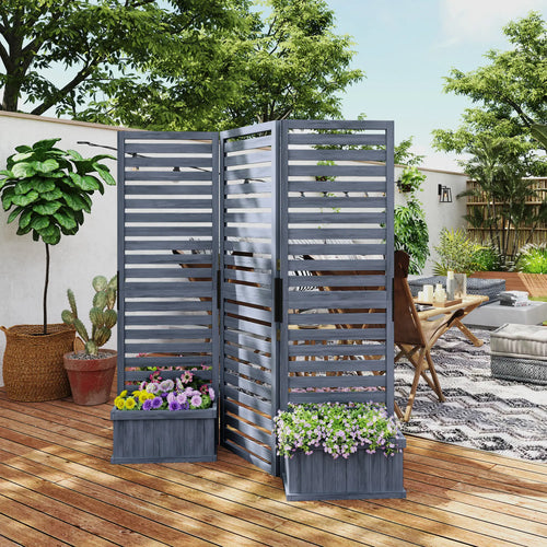Outdoor Privacy Screen, Wood Panel with 4 Planter Boxes, Raised Bed, 3 Panels, Drainage Holes