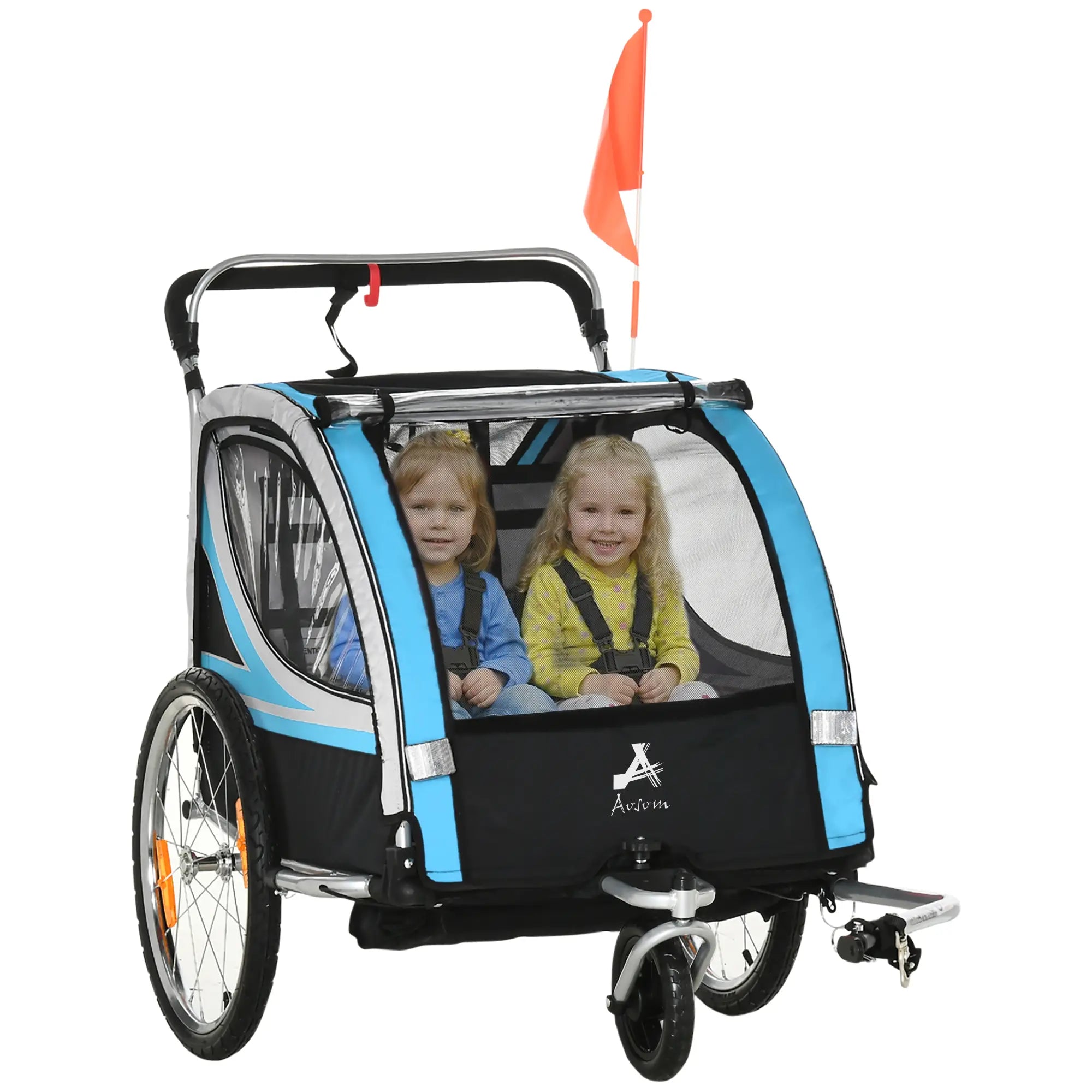 2 Seat Bike Trailer, Double Jogging Stroller, Handbrake, Rubber Wheels, Blue Kids Bike Trailers Blue, Grey, Black, Silver at Gallery Canada