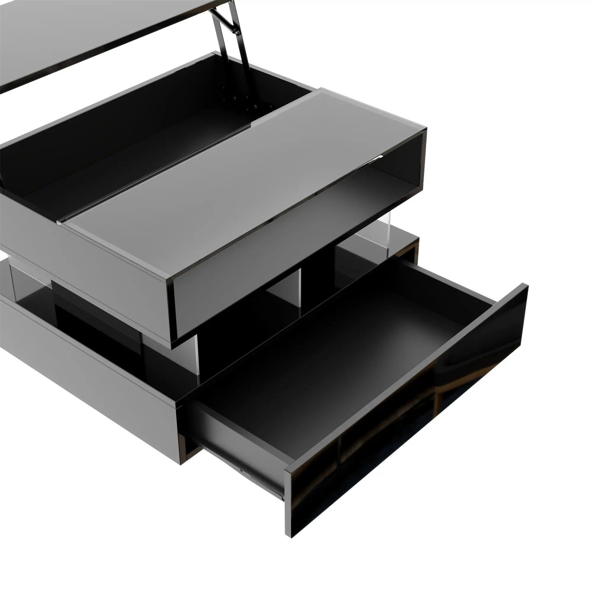 Glass Top LED Coffee Table, Storage Drawer, Adjustable Height, 26