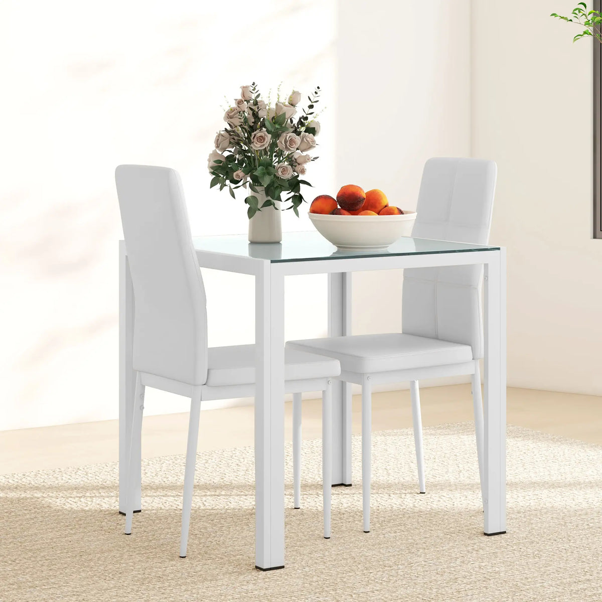 3-Piece Rectangular Glass Dining Table, Metal Frame, Faux Leather Chairs, White Bar Sets at Gallery Canada