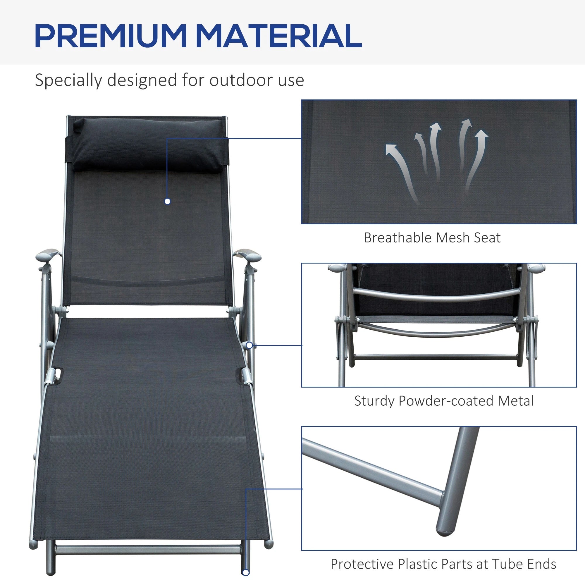 Heavy Duty Adjustable Folding Reclining Chair, Outdoor Sun Lounger, Black Lounger Chairs at Gallery Canada