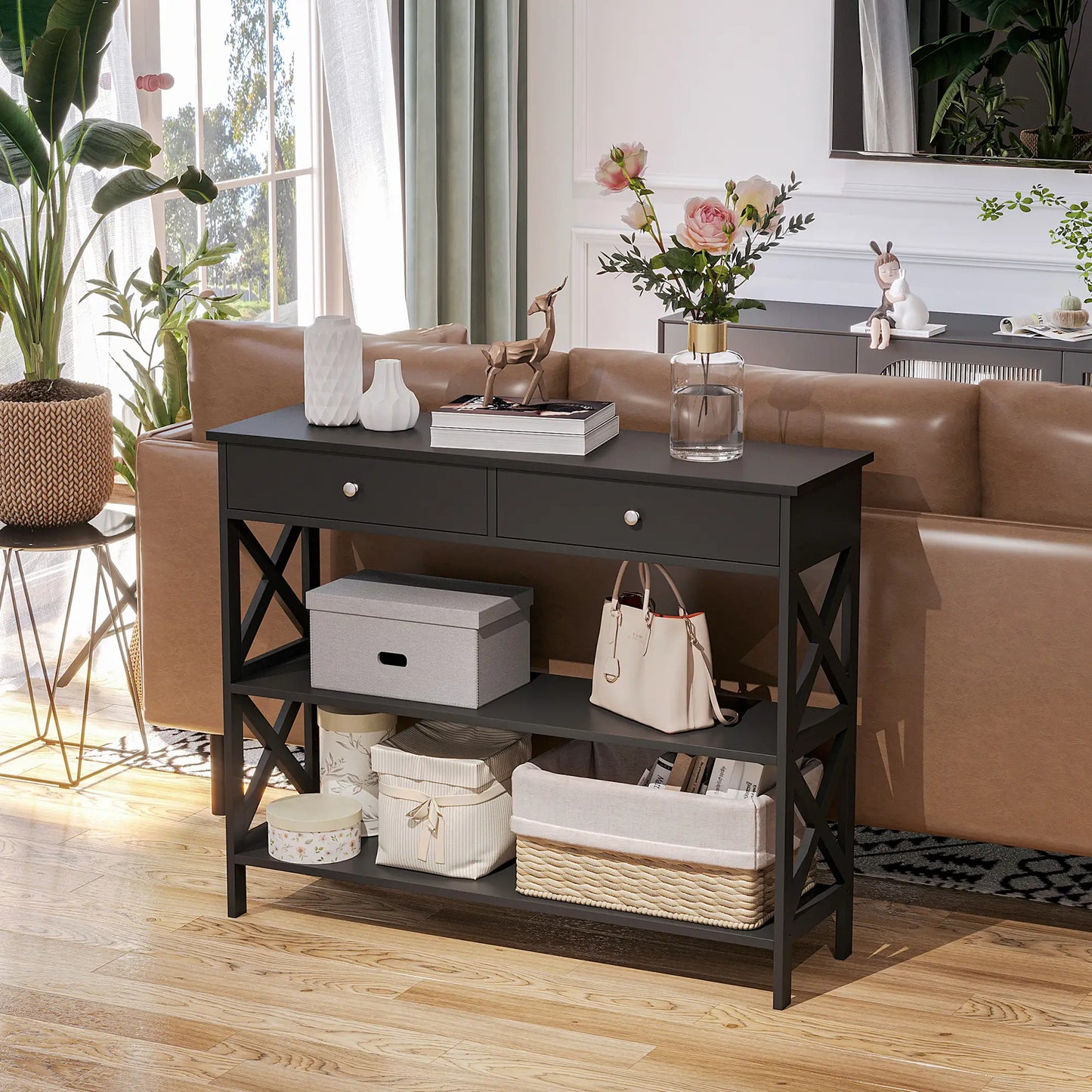39" Narrow Console Table, Storage Shelves, Drawers, X Frame, Black Console Tables at Gallery Canada