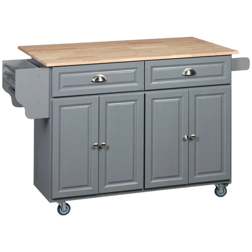 Kitchen Island with Storage, Drop Leaf, Rubber Wood Top, Adjustable Shelves, Grey