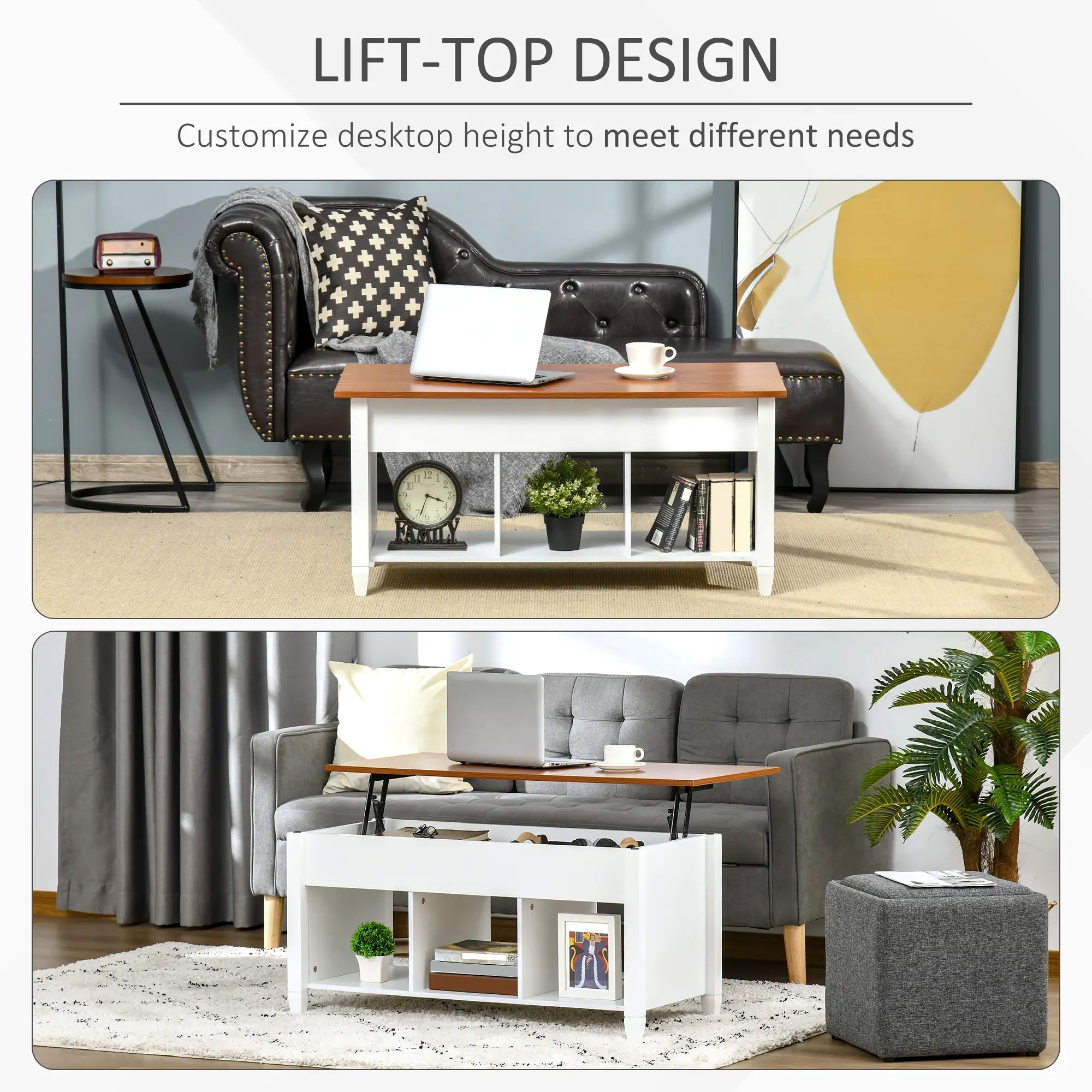 Lift Top Coffee Table, Hidden Storage, 3 Shelves, White and Brown Coffee Tables at Gallery Canada
