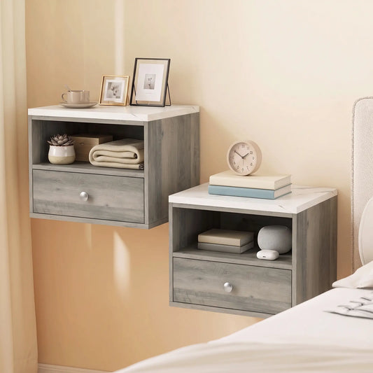 Floating Nightstands Set of 2, Drawer, Marble Top, Natural Bedside Tables Multi Colour at Gallery Canada