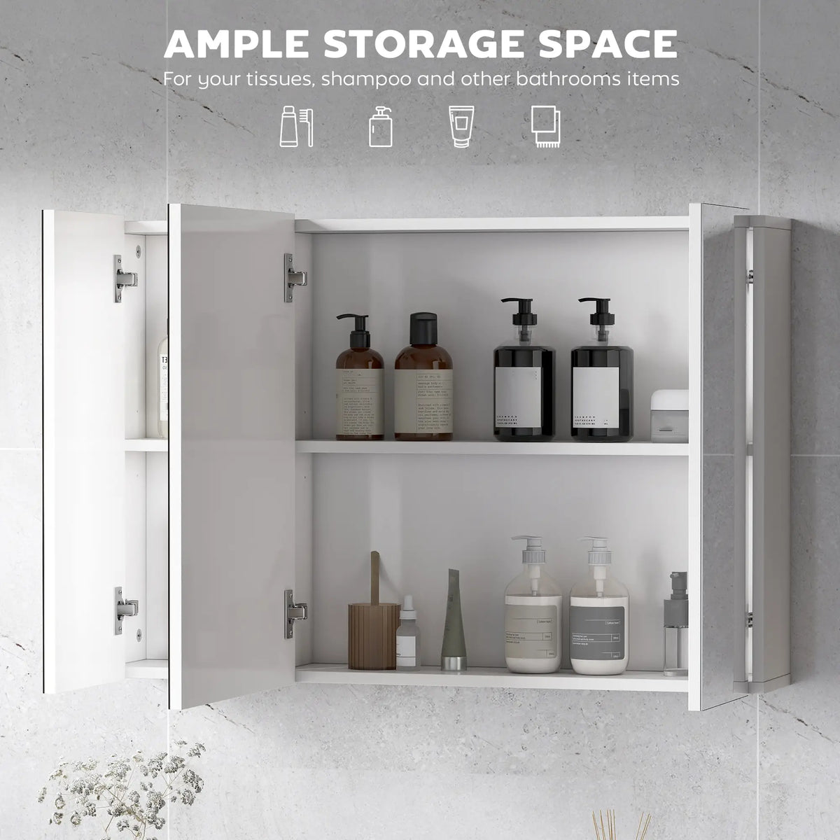 35" x 24" Wall Mounted Mirror Cabinet, 3 Doors, Adjustable Shelves, White Mirror Medicine Cabinets at Gallery Canada